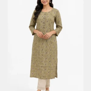 Women’s Premium Printed Straight Kurti | Olive Green Polycotton Blend Ethnic Kurti for Women